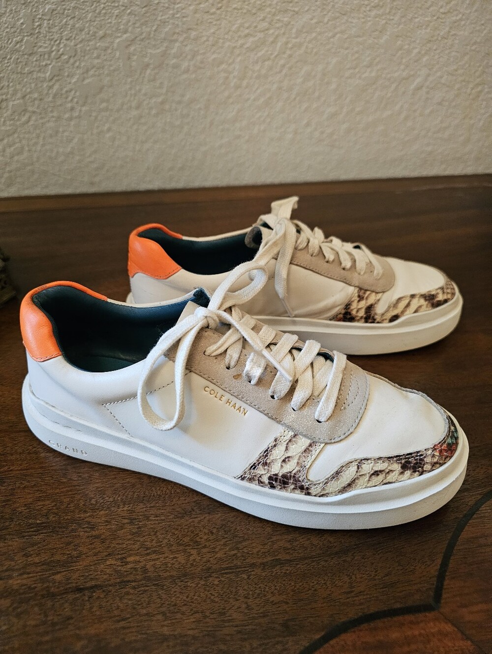 Cole Haan Cream Leather Sneaker with Snake Accent 7.5